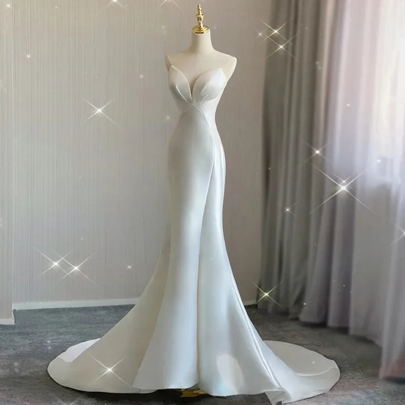 Chic Evening Dresses Luxury White Satin Wedding Trailing Mermaid Maxi Dresses for Bride Elegant Long Prom Evening Guest Cocktail Party Women Dress