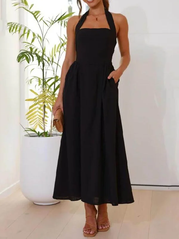 Women's Casual Dresses Halter Neck Waist Little Graceful Black Dress Mid Length Dress