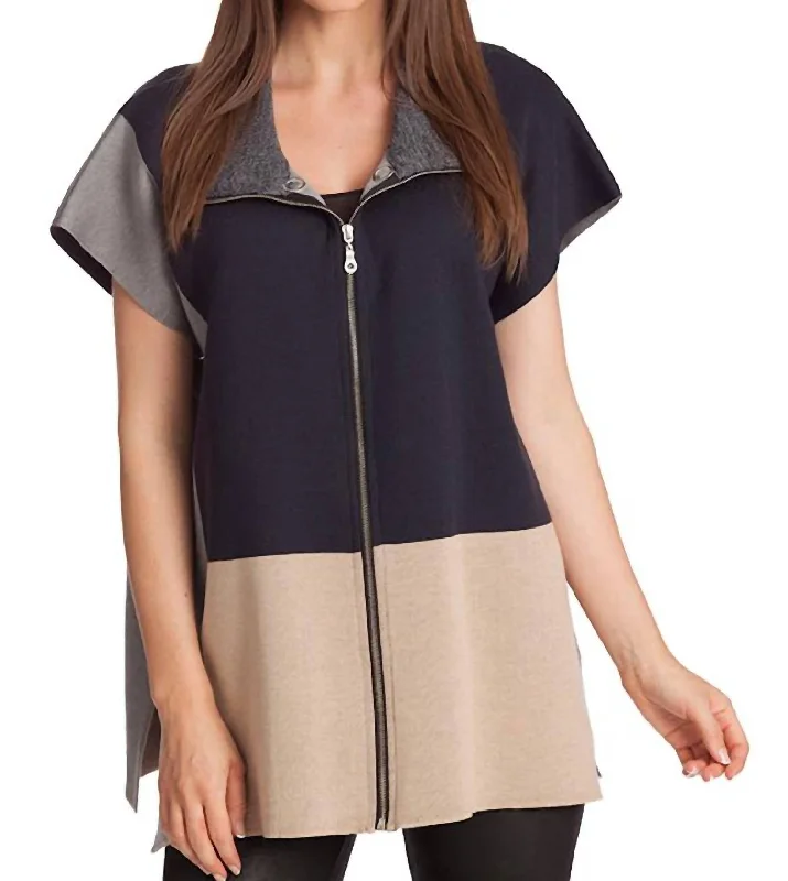 Knit Tops With Patterns And Designs Color Block Zip Poncho In Navy Multi