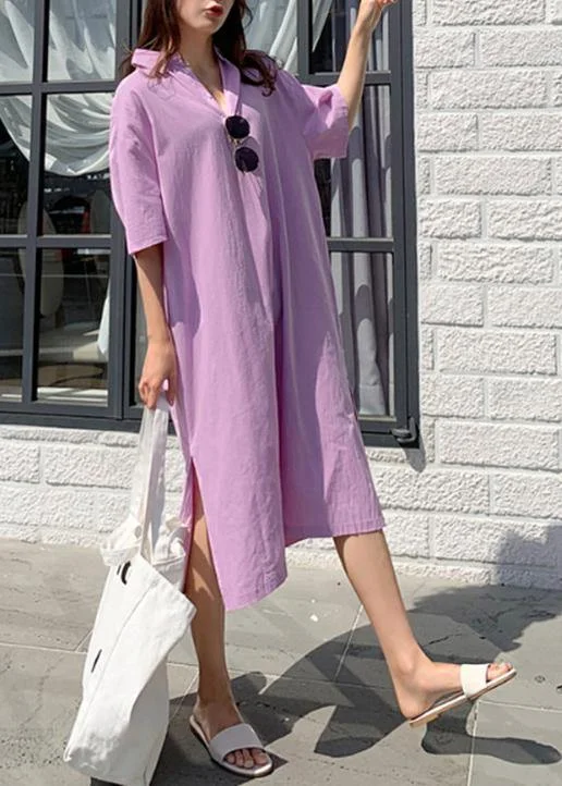 Women's Casual Dresses Modern v neck side open linen cotton clothes For Women Shirts purple Dress