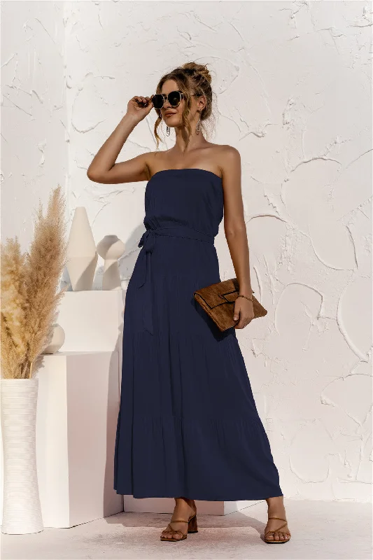 Bold Colored Dresses Free Falling Strapless Tiered Maxi Dress - Deep Navy