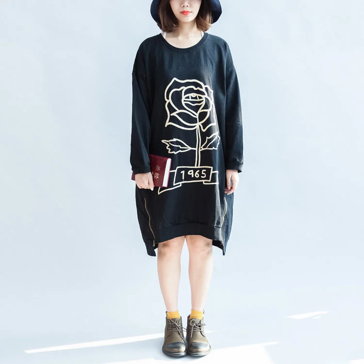 Dressy Evening Dresses black rose print cotton dresses oversized spring pullover dress