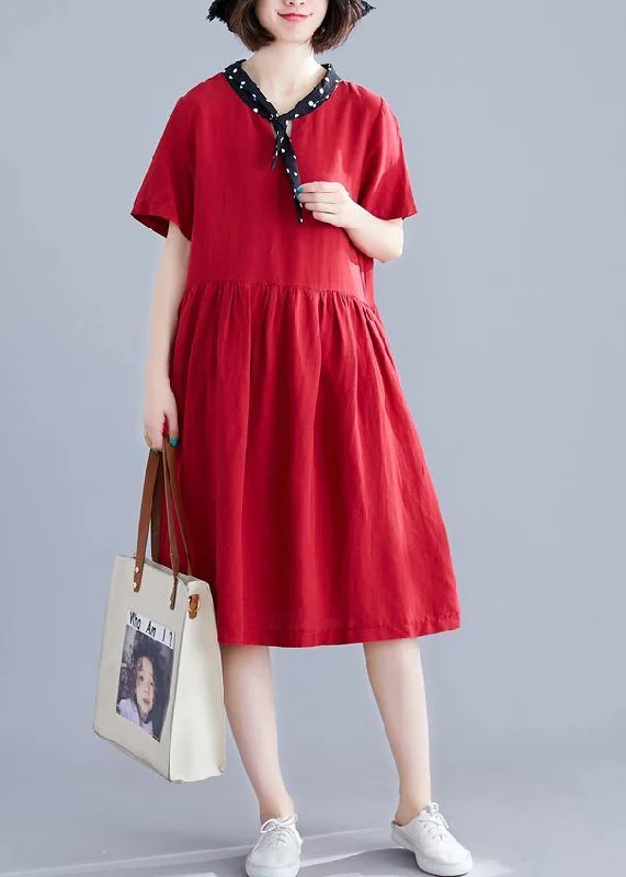 Formal Dresses For Women Beautiful red Cotton clothes v neck Cinched cotton Dresses