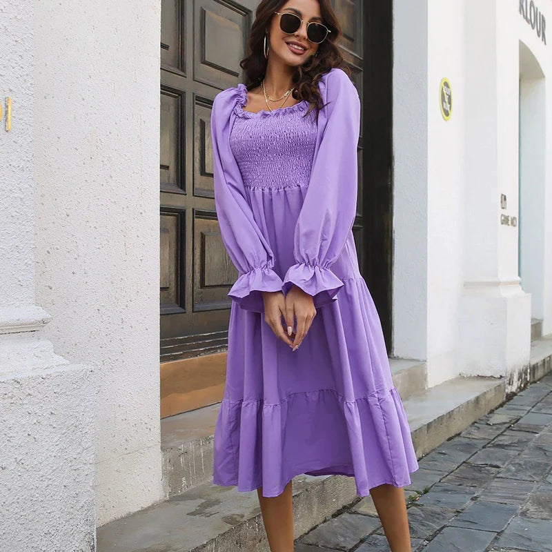 Chic Trench Dresses YEMOGGY Elegant Women's Cabled Fall Solid Ruffles Full Flare Sleeve Square Neck Layered Swing A-line Midi Dress