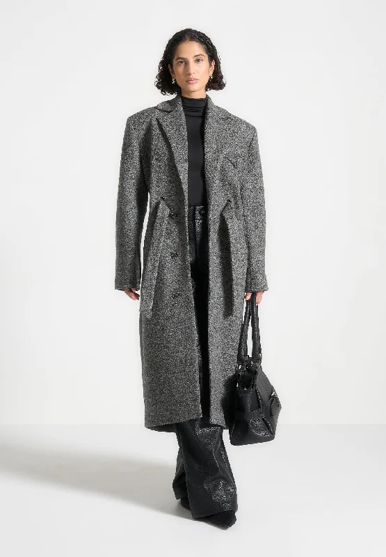 Modern Outerwear With Pockets Boxy Wool Belted Coat - Grey