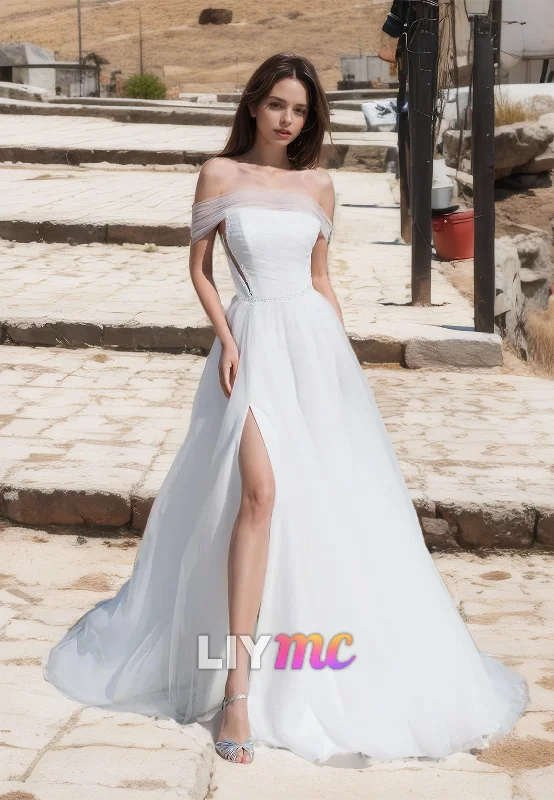 Cute Summer Dresses Off-Shoulder Strapless Tulle A-Line Ball Gown Wedding Dress