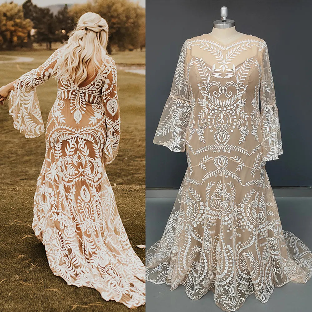 Women's Holiday Dresses Long Batwing Sleeves Lace Two Pieces Wedding Gowns Drop Ship Plus Size Custom Made Mermaid Rustic Open Back Boho Bridal Dress