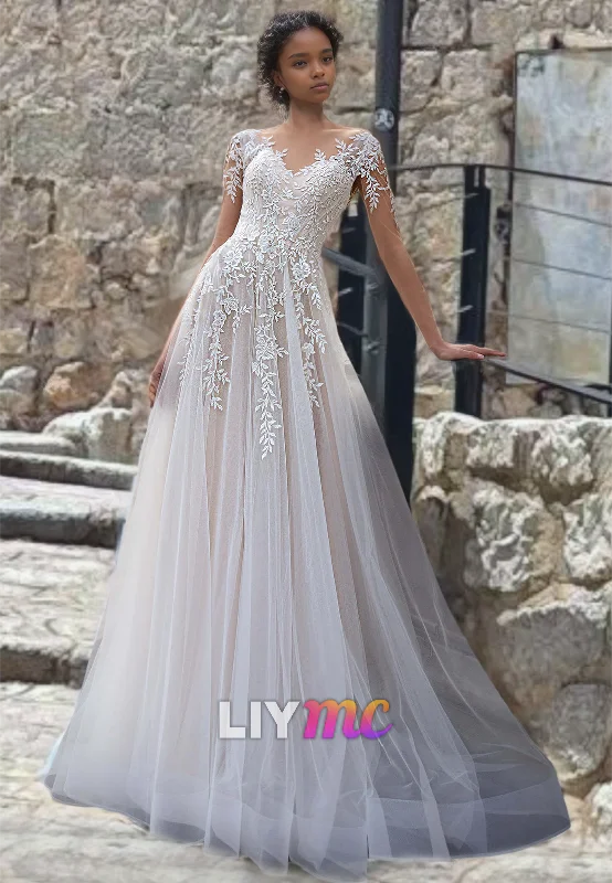 Vintage-Inspired Dresses V-Neck Long Sleeves Appliques Tulle A-Line Wedding Dress