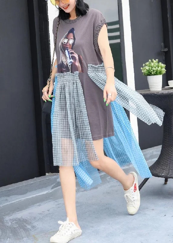 Chic Evening Dresses Simple Cinched o neck cotton Long Shirts Work Outfits gray patchwork cotton Dress summer