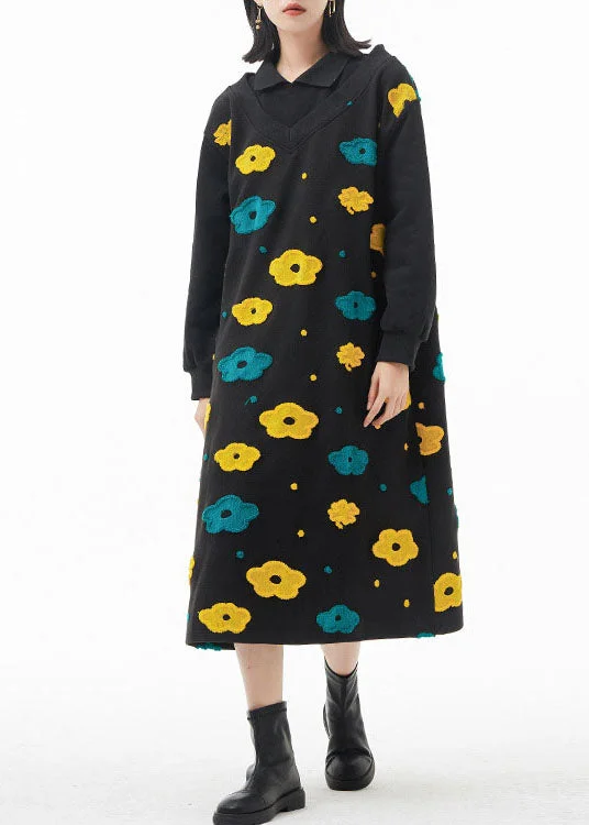 Bold Colored Dresses French Black Peter Pan Collar Floral Patchwork Woolen Dress Spring