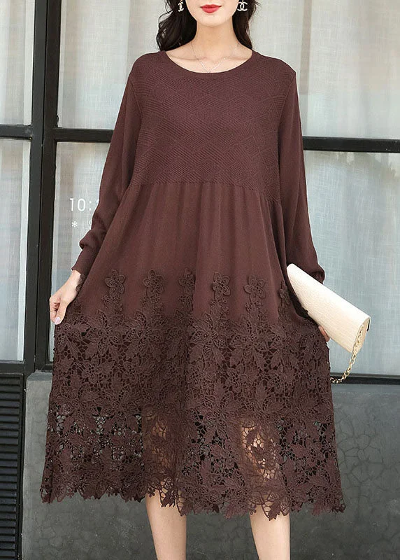 Elevated Party Dresses Fashion Chocolate Embroideried Patchwork Knit Long Dresses Spring