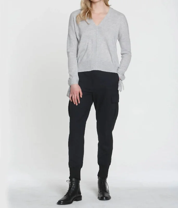 Soft Knit Pullover Tops Luxe Tie Cuff Vee Sweater In Fog