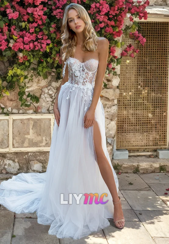 Women's Casual Dresses Sweetheart Sleeveless Appliques High Slit Beach Wedding Dress