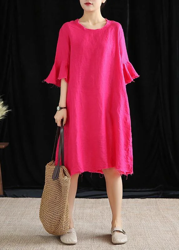 Plus-Size Dresses For Women Modern o neck Petal Sleeve cotton linen clothes Women Runway rose Dress