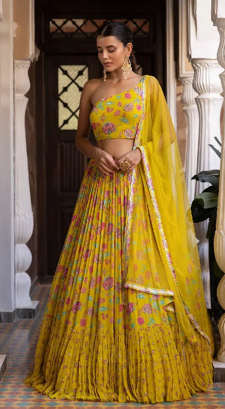 Bold Colored Dresses Printed Yellow One Shoulder Lehenga Set