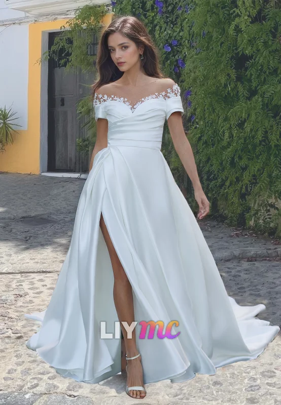 Formal Dresses For Women Off-Shoulder Strapless Appliques Pleated Sleek Satin A-Line Wedding Dress