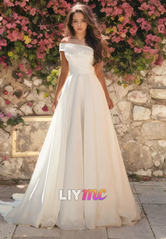 Comfortable Casual Dresses One Shoulder Pleated A-Line Sleek Beach Wedding Dress