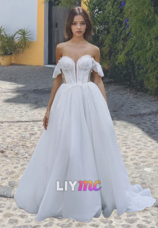 Bold Colored Dresses Off-Shoulder Strapless Pleated A-Line Wedding Dress