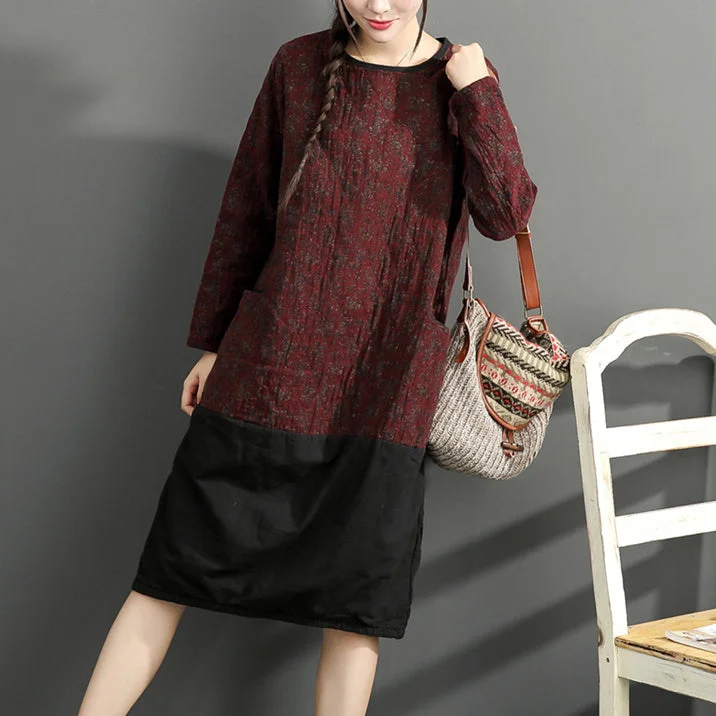 Colorful Summer Dresses warm winter cotton outfits red prints casual plus size dresses patchwork o neck casual dress