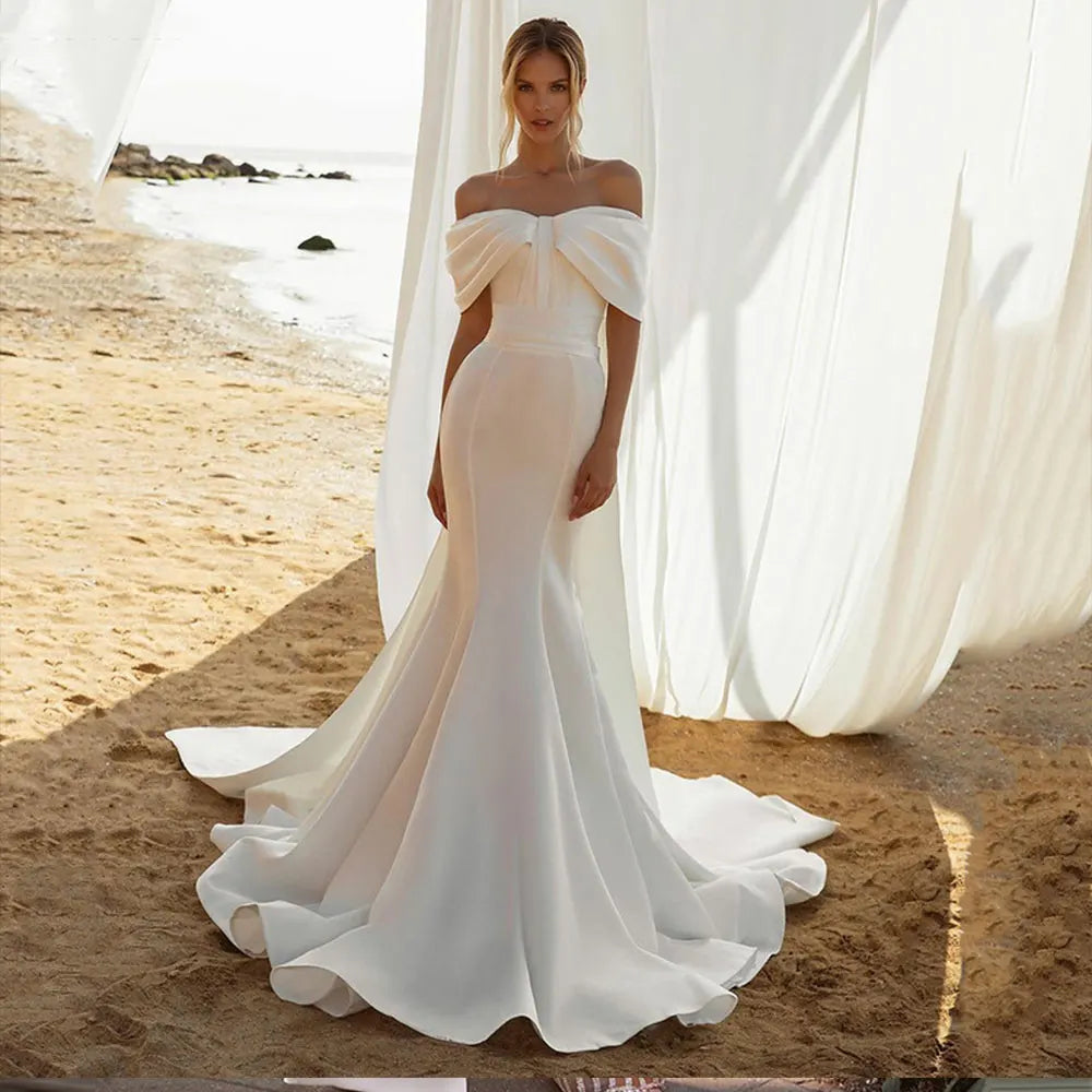 Women's Casual Dresses Strapless Off The Shoulder Mermaid Wedding Dresses For Women Backless Spandex Ribbon Cape Civil Elegant Bridal Gown