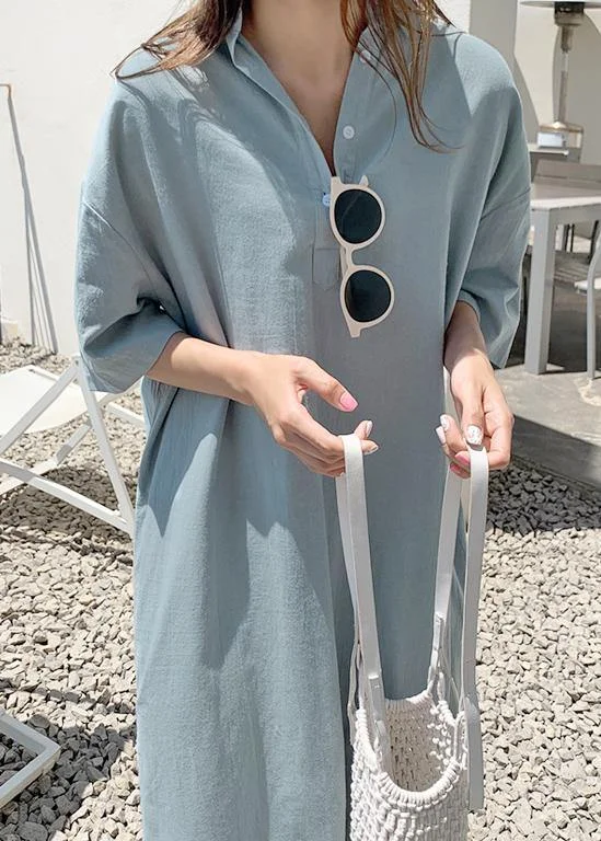 Vintage-Inspired Dresses Loose blue cotton linen Robes v neck side open long Dresses