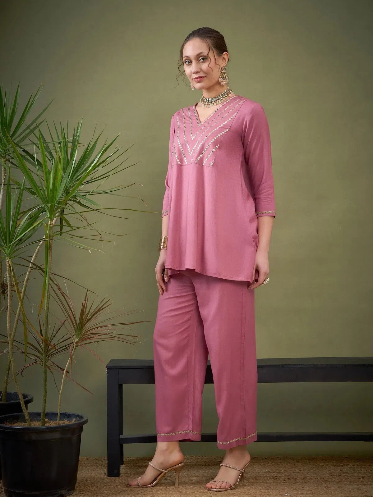 Comfort-Focused One-Piece Outfits Women Pink Embroidered A Line Top With Palazzos