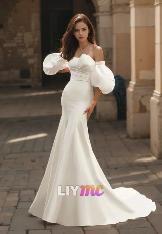 Cute Summer Dresses Straight Across Puff Sleeves Sleek Mermiad Wedding Dress