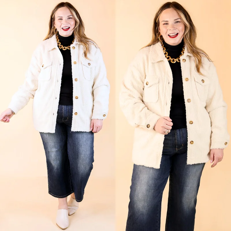 Warm And Cozy Winter Jackets Snowy Afternoon Button Up Sherpa Shacket in Ivory