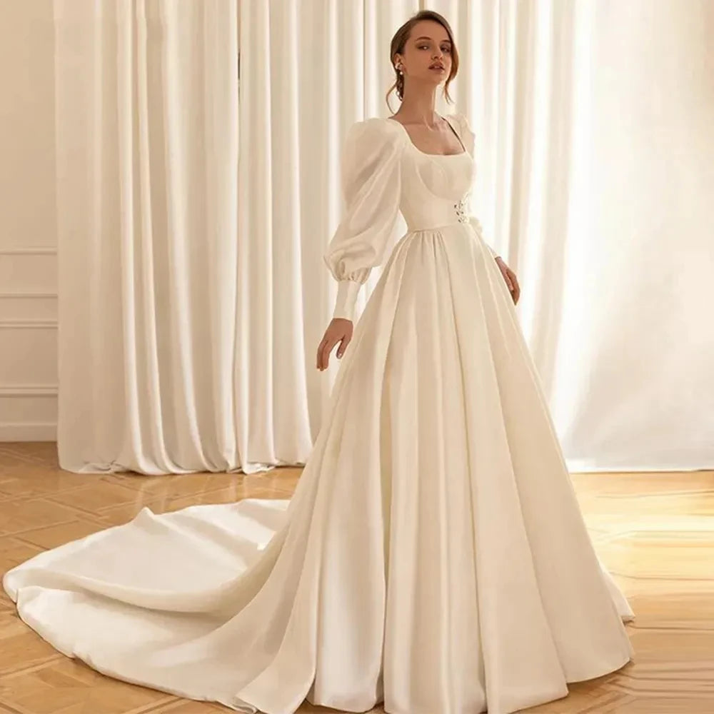 Soft Cotton Dresses Graceful Satin Wedding Dresses With Detachable Coat Square Collar Bridal Gowns Long Puff Sleeves Vestidos De Novia