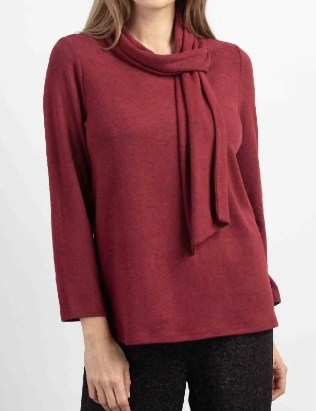 Soft Stretch Knit Tops Cozy-Up Fleece Tie Neck Pullover In Cranberry
