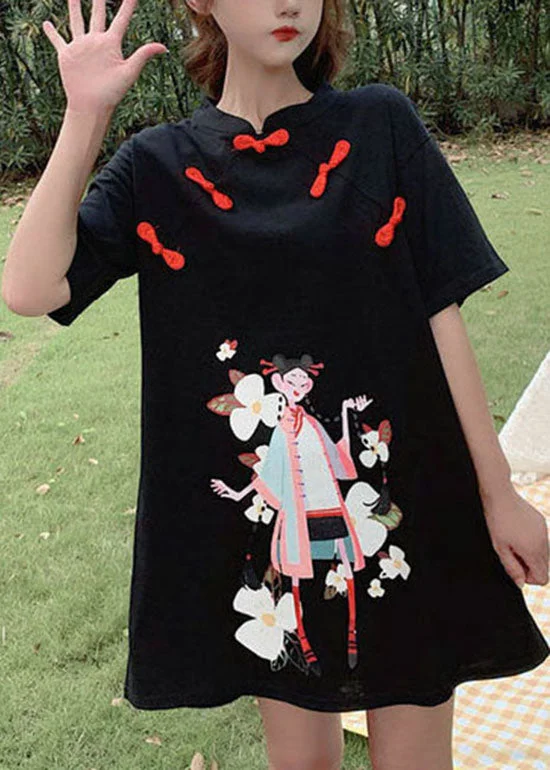 Formal Dresses For Women Black Print Student Dress button Zip Up Short Sleeve