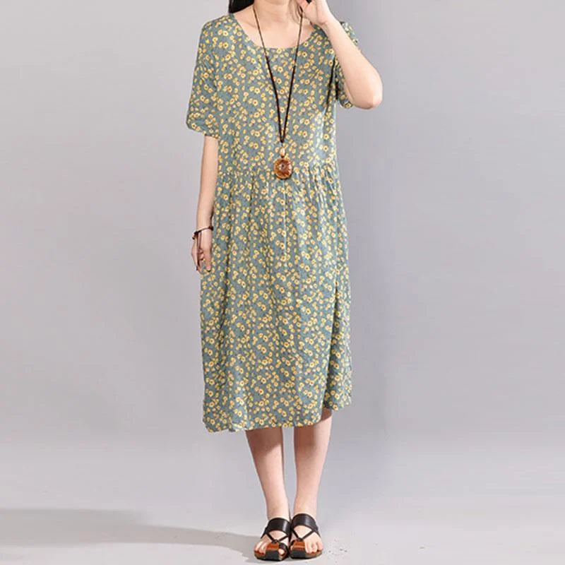 Women's Outdoor Dresses vintage long cotton dresses trendy plus size Floral Printed Dresses Round Neck Short Sleeve Dress