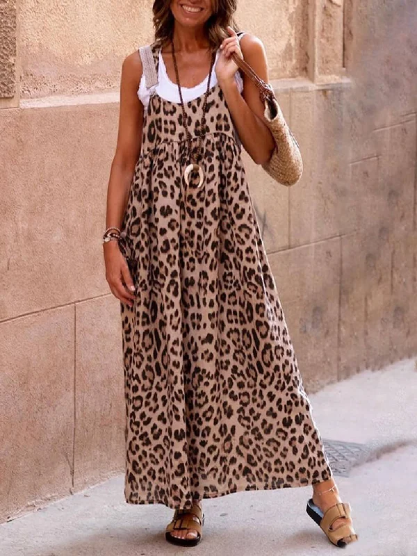 Formal Dresses For Women Leopard Print Patchwork Charming Suspender Maxi Dress