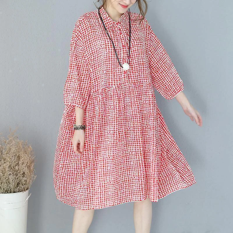 Comfortable Casual Dresses stylish red plaid cotton dresses plus size traveling clothing casual lapel collar bracelet sleeved cotton dress