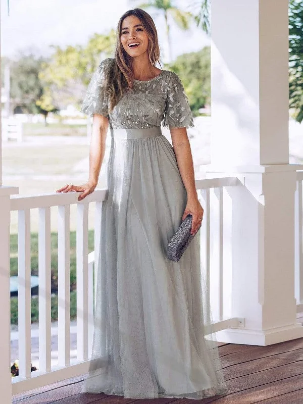 Formal Occasion Dresses Women's A-Line Short Sleeve Embroidery Floor Length Evening Dresses