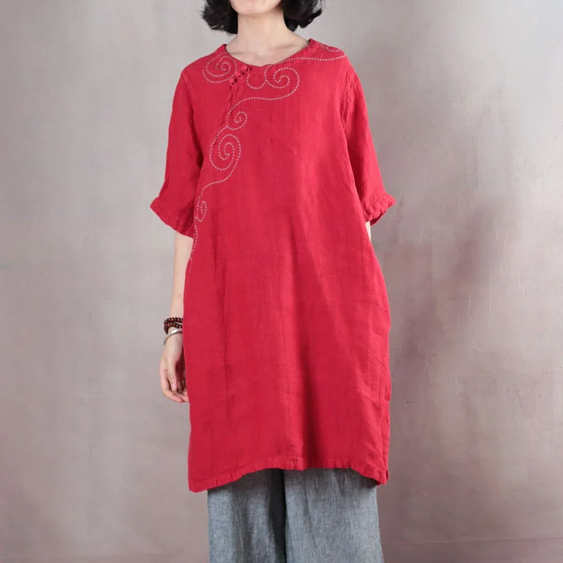 Chic Trench Dresses Elegant red pure linen tops plus size linen t shirt boutique half sleeve embroidery fabric O neck linen clothing tops