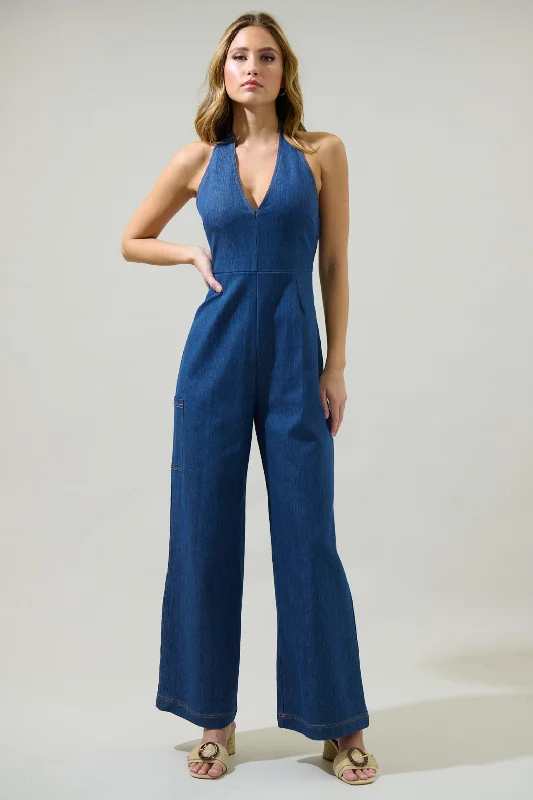 Plus-Size One-Piece Outfits Delia Denim Nixi Halter Neck Jumpsuit