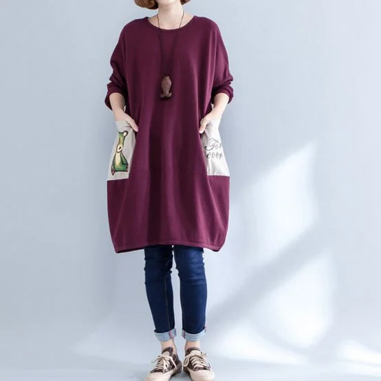 Women's Casual Dresses burgundy pockets prints cotton casual dress plus size o neck baggy dress