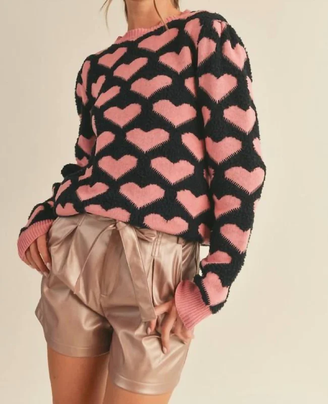 Casual Knit Tops For The Weekend Crewneck Knit Heart Sweater In Black/pink