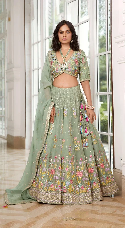 Women's Casual Dresses Green Embroidered  Lehenga Set