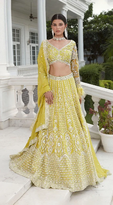 Elegant Evening Gowns Lime Green Embroidered  Lehenga Set