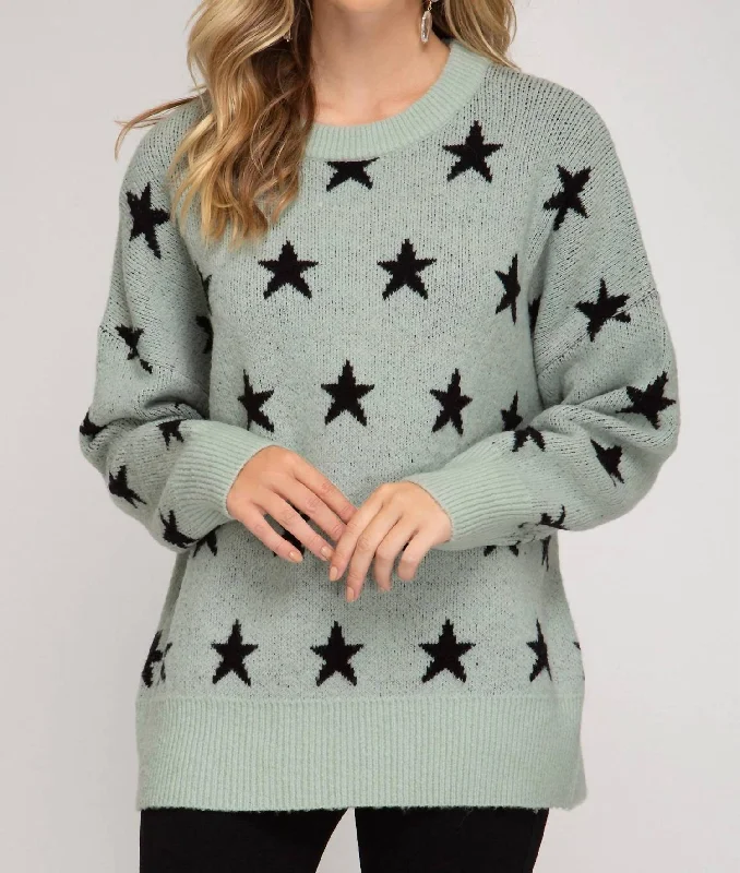 Plus Size Knit Tops Star Print Slate Tunic Sweater In Green