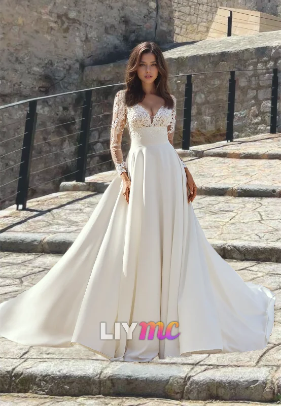 Chic Evening Dresses V-Neck Long Sleeves Lace Appliques Pleated A-Line Boho Wedding Dress