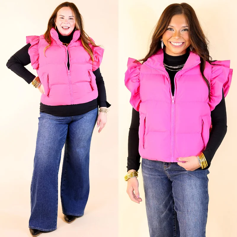 Padded Trench Coats For Women All Season Long Ruffle Sleeve Puffer Vest in Hot Pink