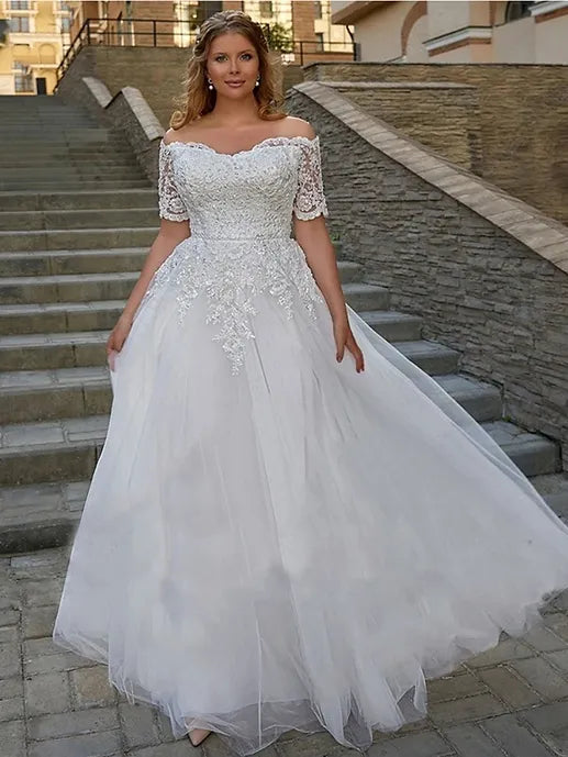 Women's Outdoor Dresses Elegant Boho Wedding Dresses For Woman Short Sleeves Off Shoulder Lace Applique Bride Gowns Boat Neck Plus Size