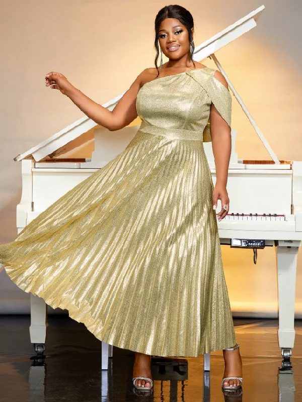 Dressy Evening Dresses AOMEIDRESS One Shoulder Sleeveless Shiny Gold Long Pleated Dresses