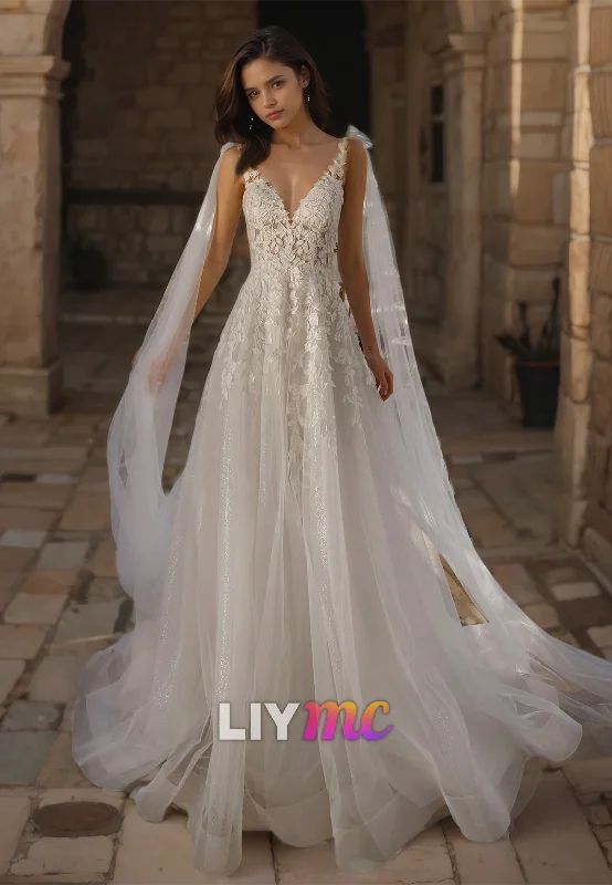 Formal Dresses For Women V-Neck Sleeveless Lace Appliques Tulle A-Line Wedding Dress