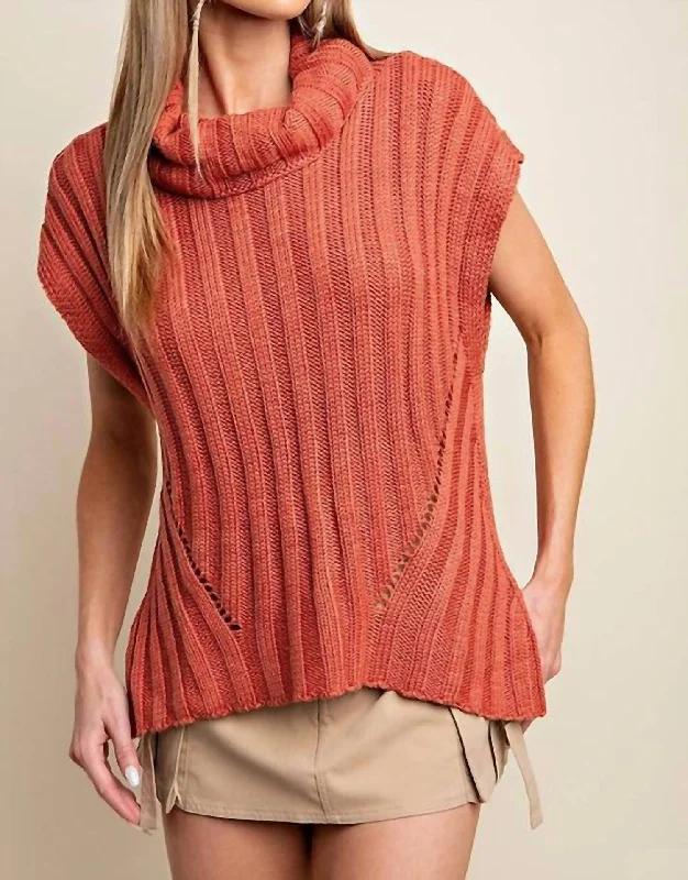 Luxury Knit Tops For Women Turtle Neck Sweater Vest In Rust