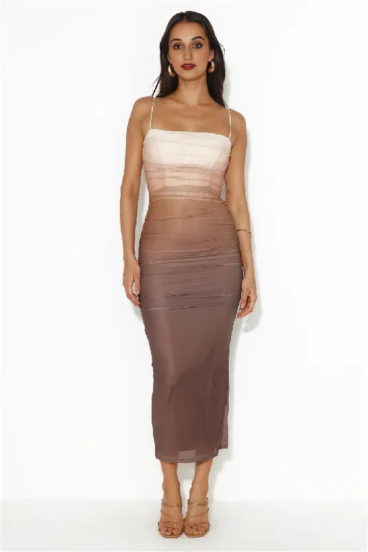 Elevated Party Dresses Ombre Lover Mesh Midi Dress Brown