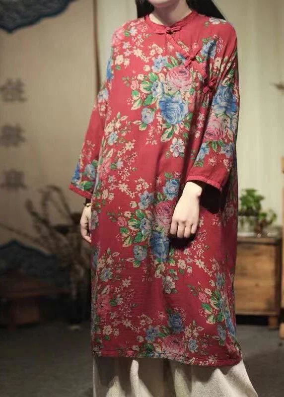 Women's Casual Dresses Oriental Red O-Neck Print Linen Mid Dresses Spring